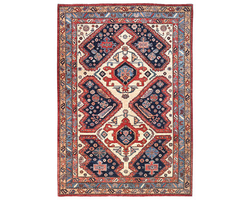 6x9 Beige Blue Aryana Afghan Hand Knotted Veg Dye Wool Area Rug